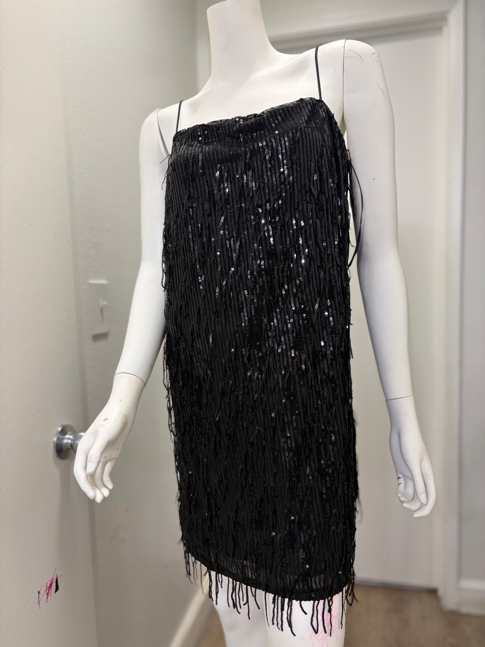 Black Sequin Fringe Slip Dress - Classic Evening Style